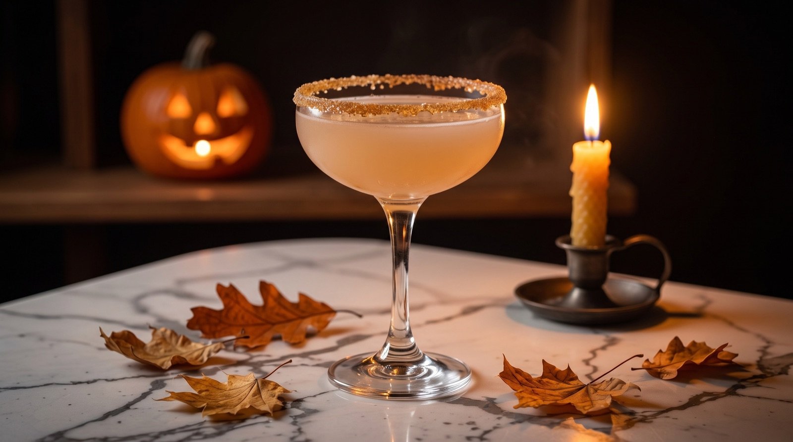 Bella Donna daiquiri au rebord sucré sur un comptoir en marbre, éclairé à la bougie pour Halloween