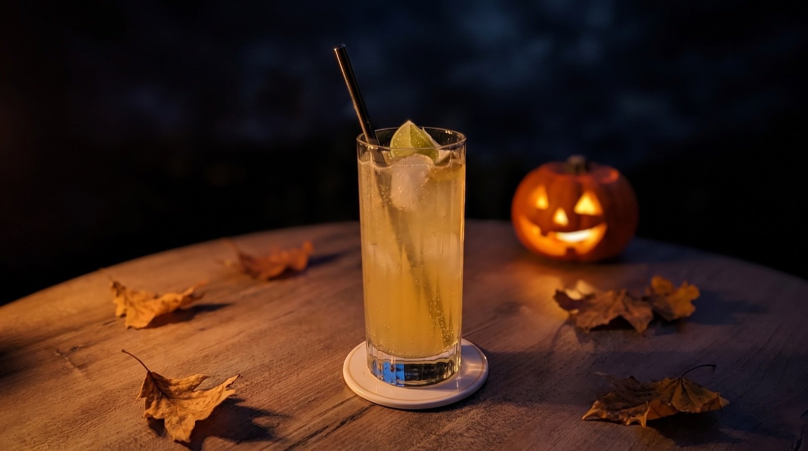 Dark and Stormy au citron vert dans un verre highball, le soir d'Halloween à côté d'une citrouille éclairée