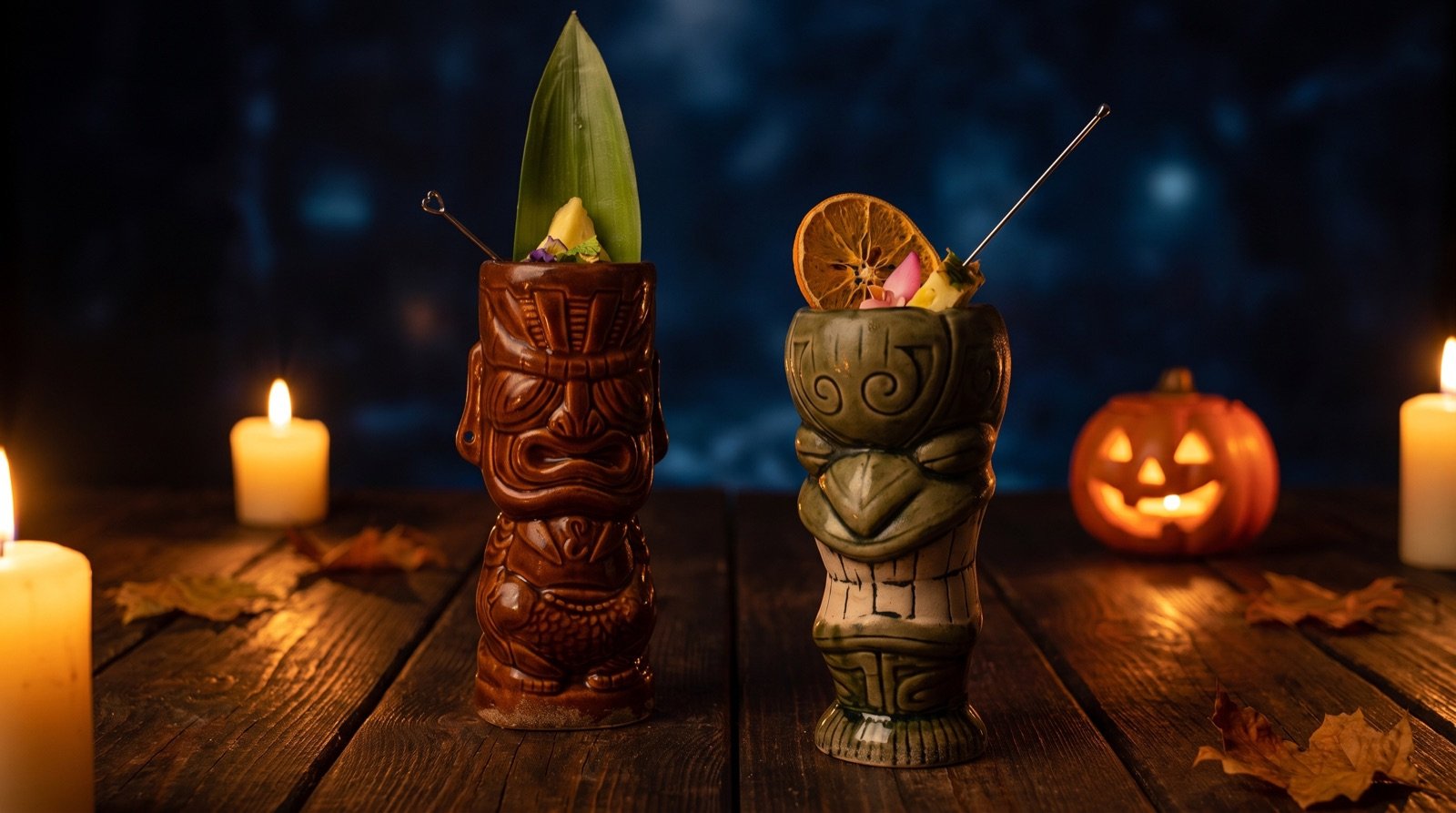Deux mugs tiki de cocktail Zombie éclairés à la bougie, avec une citrouille d'Halloween en arrière-plan