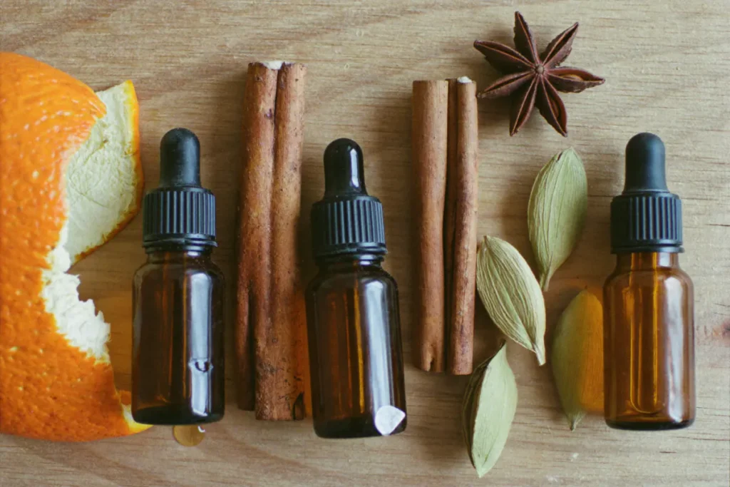 Flacons de bitters maison entourés d'écorce d'orange, de cannelle, de badiane et de cardamome