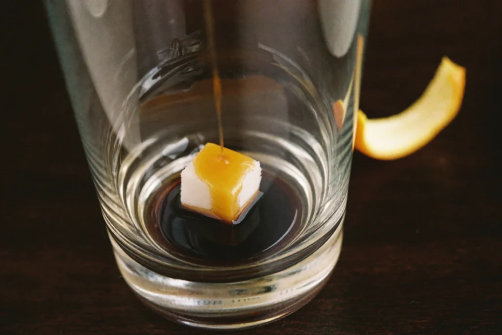 Gouttes de bitters sur un sucre au fond d'un verre