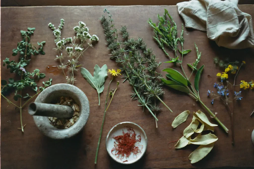 Plantes de montagne fraîches et séchées, mortier en pierre et pistils de safran sur une table en bois