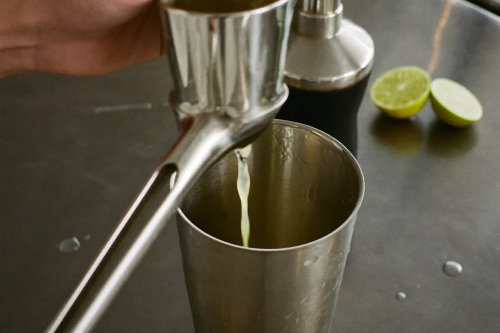 Jus de citron vert pressé directement dans un shaker