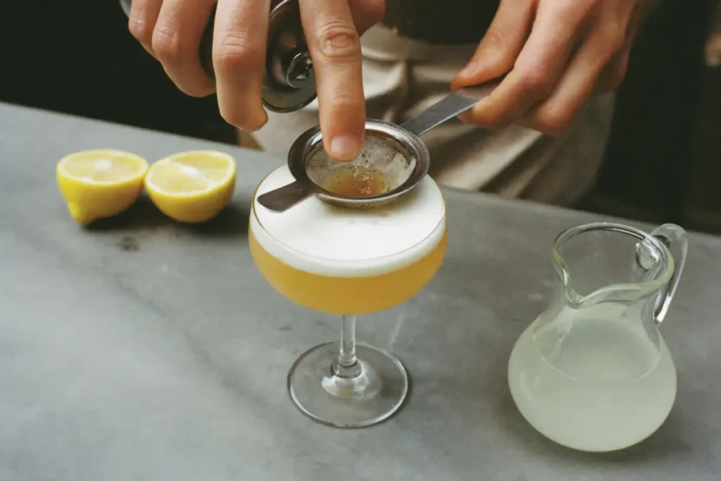 Cocktail sour filtré finement dans une coupe, avec une mousse de blanc d'œuf, des citrons et du sirop de sucre
