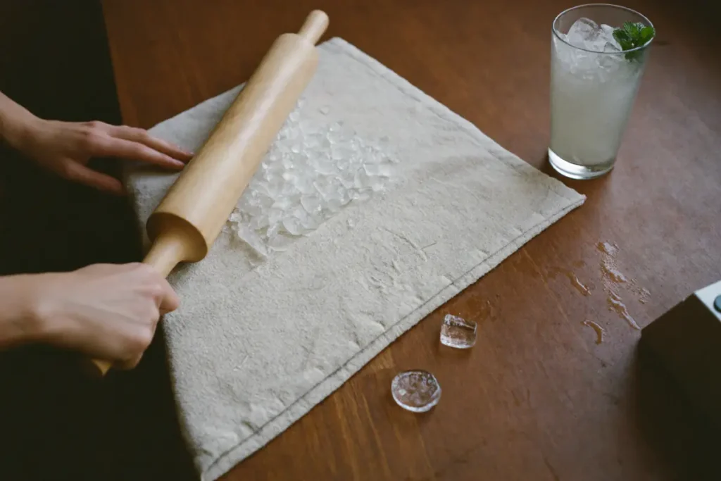 Glaçons écrasés au rouleau à pâtisserie sur un torchon épais, à côté d'un verre rempli de glace pilée