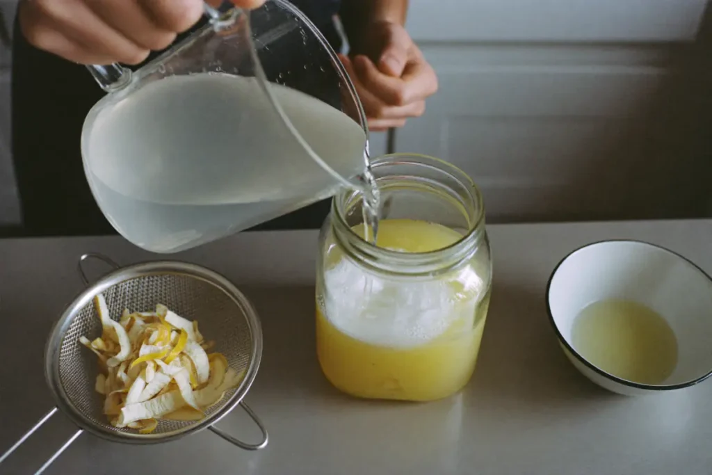 Sirop de sucre versé depuis un verre doseur dans un bocal d'alcool infusé aux zestes de citron