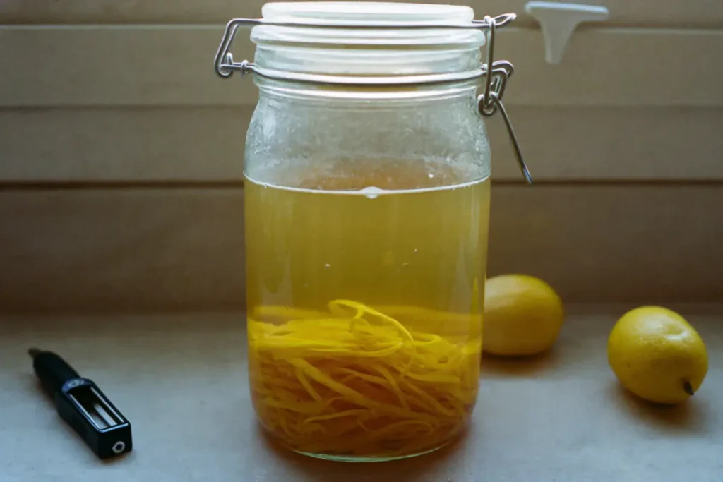 Bocal de zestes de citron en macération dans un alcool devenu jaune
