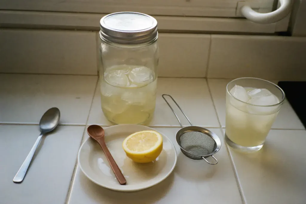 Cocktail préparé sans matériel de bar : bocal à confiture rempli de glace, cuillère à soupe, passoire à thé et demi-citron