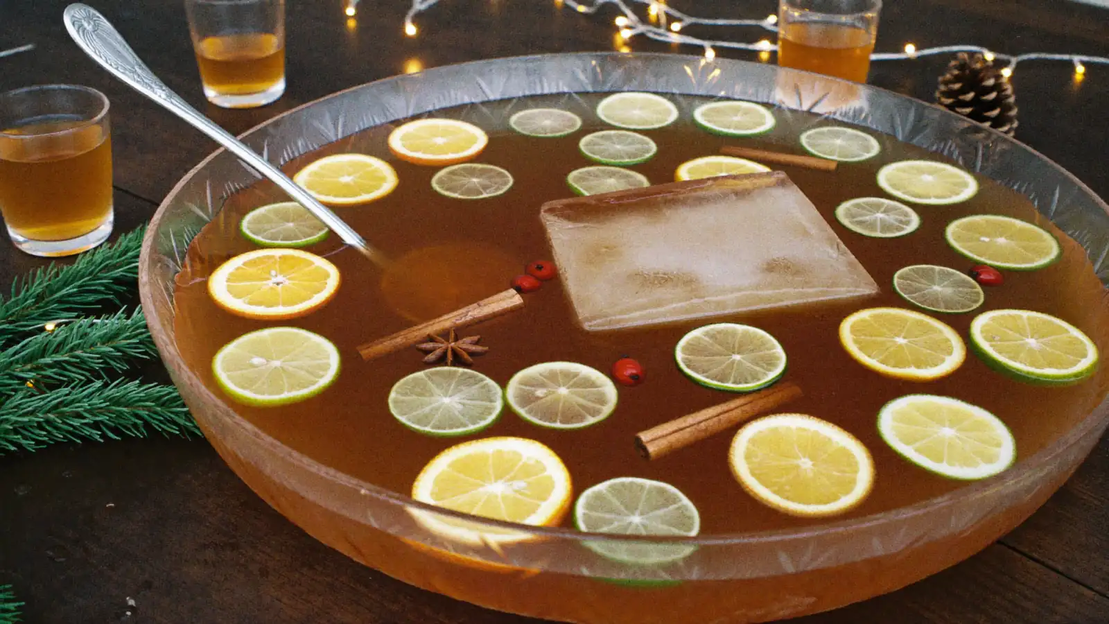 Bol de punch de Noël ambré avec un bloc de glace, des rondelles d'orange et de citron vert, de la cannelle et de la badiane