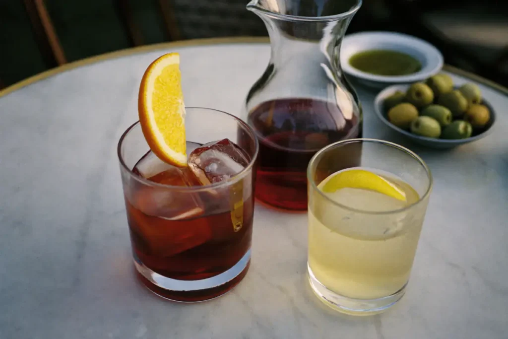 Un quinquina rouge sur glace avec une demi-rondelle d'orange et un vin apéritif blanc au citron sur une table de café en marbre