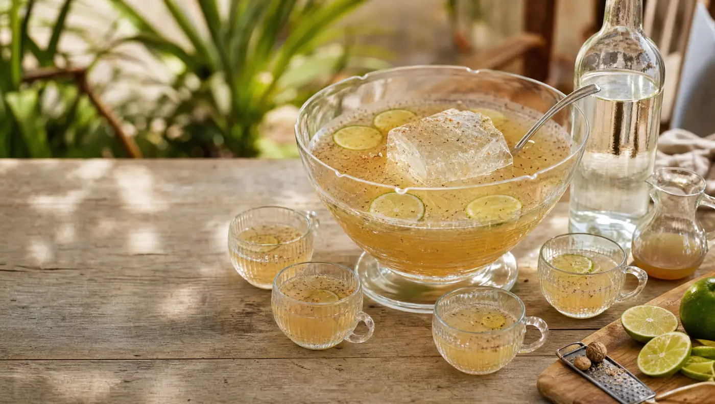 Bol de punch maison au rhum blanc avec un bloc de glace, des rondelles de citron vert et des tasses à punch