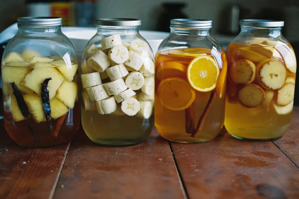 Quatre bocaux de rhum arrangé : ananas et vanille, banane, orange et cannelle, gingembre