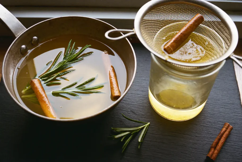 Sirop maison au romarin et à la cannelle filtré au-dessus d'un bocal en verre