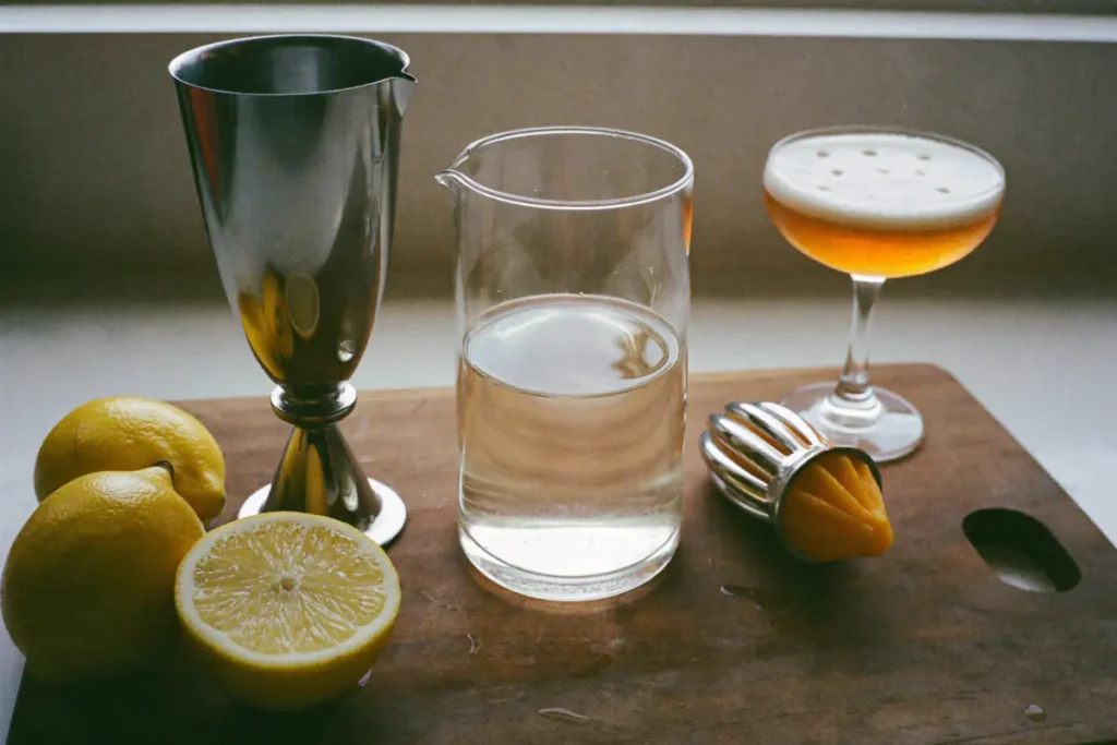 Carafe de sirop de sucre limpide, doseur, citrons jaunes et cocktail sour dans une coupe