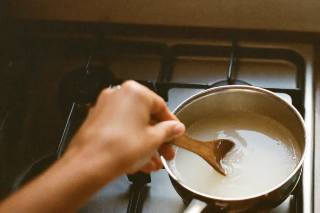 Sucre en train de fondre à feu doux dans une casserole, remué avec une cuillère en bois
