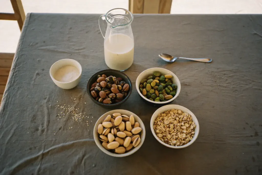 Bols de pistaches, de noisettes et de flocons d'avoine à côté d'un pichet de lait d'avoine
