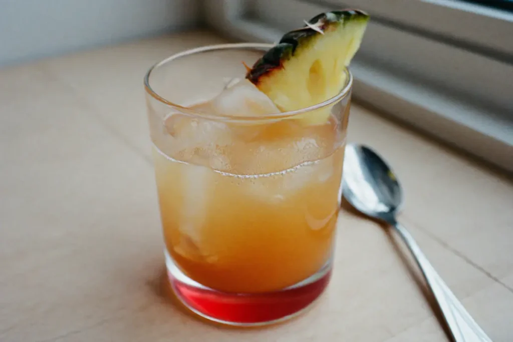Cocktail sans alcool à étages : couche de grenadine au fond sous des jus d'ananas et d'orange, avec un quartier d'ananas